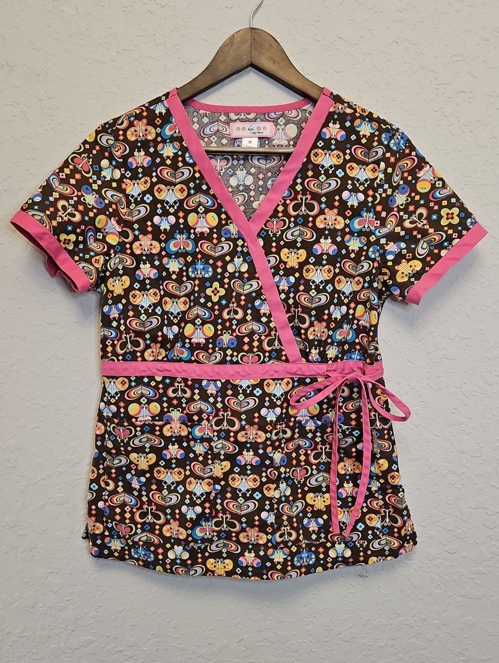 Koi Butterfly Faux Wrap Scrub Top, 100% Cotton, Size Medium